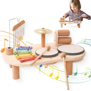 Photo d'un instrument de musique pour enfants en bois, ensemble de percussions éducatif avec photo d'un enfant y jouant en haut de la photo
