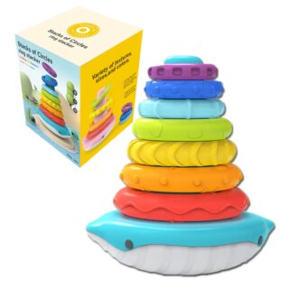 Jouet de bain à empiler sur fond blanc avec sa boite.