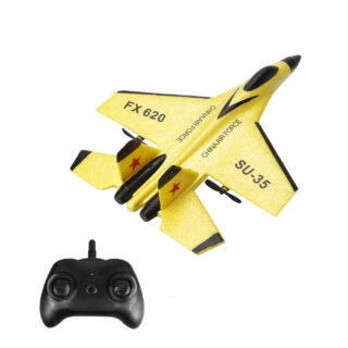 On voit un avion jaune type planeur et sa télécommande. C'est un avion télécommandé pour enfant