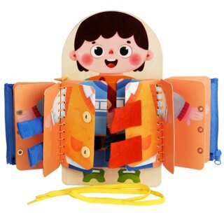 Jeu pédagogique bonhomme qui porte plusieurs couches de vêtements et l'enfant doit apprendre à mettre et défaire les fermetures