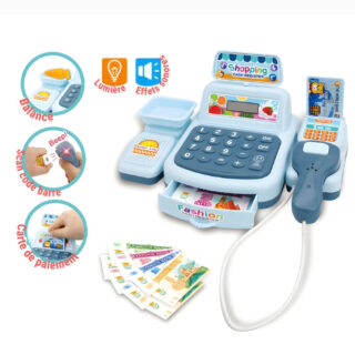 Caisse enregistreuse intéractive pour enfant avec ses accessoires, sur fond blanc