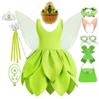 Déguisement vert fée clochette : robe verte avec ailes et accessoires (perruche, sac à main et oreilles pointues)