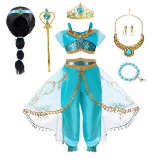 Déguisement princesse Jasmine complet avec tenue, accessoires et perruque sur fond blanc.