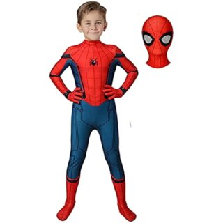 Déguisement spiderman avec combinaison et masque. C'est un petit garçon brun et souriant qui le porte