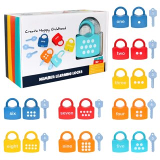 On voit une boîte de jeu cadenas coloré et sa boîte de présentation mutlicolore