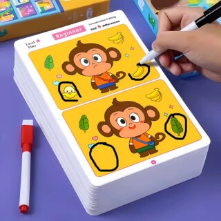 Jeu des 7 différences Jeu des 7 différences avec deux images de singe jaune et un enfant qui entoure les différences sur la carte