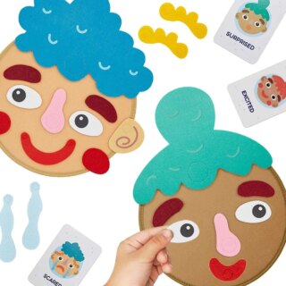 On voit des visages à reconstituer pour que l'enfant puisse verbaliser et reconnaître les émotions simples : peur, joie, surprise...