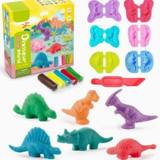 Boîte de pâte à modeler avec des accessoires dinosaures colorés (moules, emporte-pièces...)