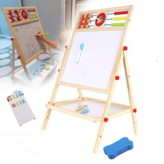 Tableau bois blanc avec boulier et chiffres en bois et tous les accessoires : magnets, brosse et crayons