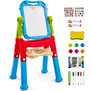 On voit un tableau en plastique coloré avec ses accessoires