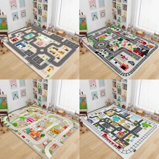 On voit quatre tapis route pour enfant dans une pièce avec du parquet