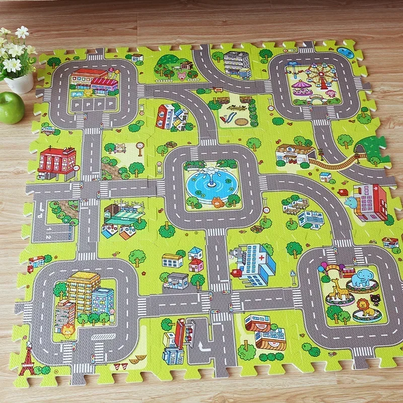 Tapis route en mousse dalles détachables On voit un tapis route en mousse multicolore fait de dalles détachables
