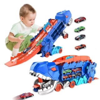 On voit un petit garçon qui joue avec un garage en forme de T-rex rouge et bleu