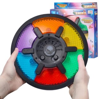 Jeu circulaire tenu par deux mains sur fond blanc avec la boite.