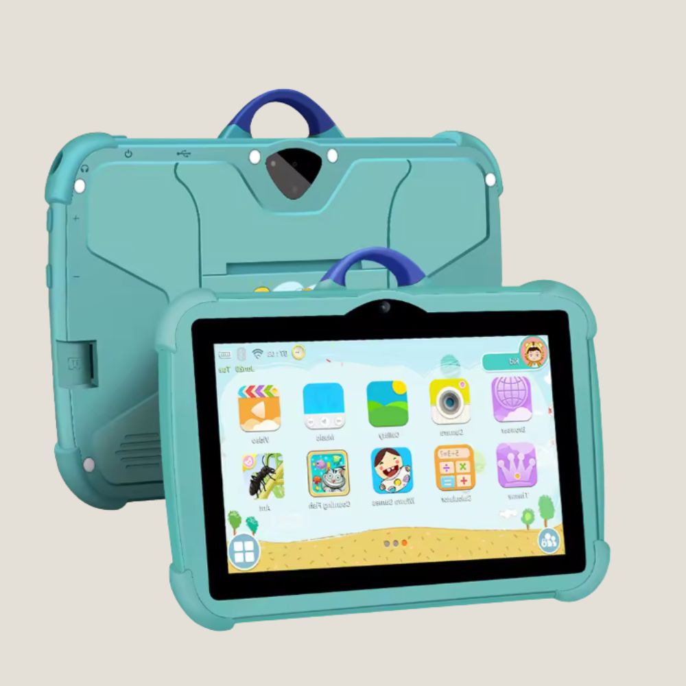 Ordinateur portable wifi pour enfant doté d'un logiciel de jeux éducatifs sur fond beige