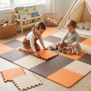 Des enfants jouant dans une chambre, sur un tapis coloré en mousse à assembler pour enfant de avec des panneaux de couleurs orange, grise et beige.